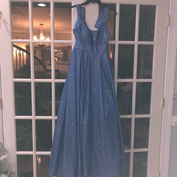 NWT Morgan & Co Blue Glitter Shimmer Pleated Gown - Picture 11 of 16